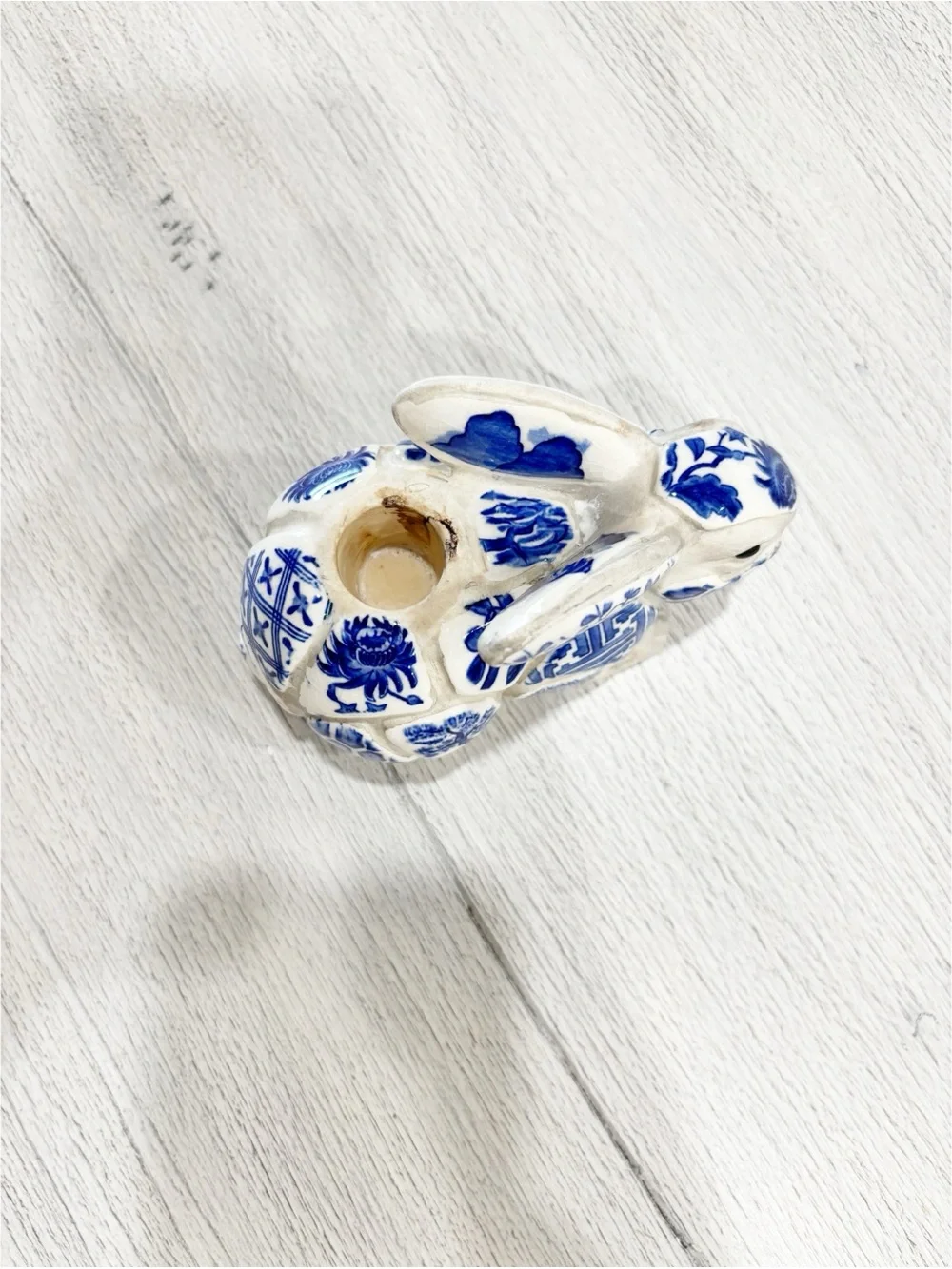 NANCY LOPEZ 1980 Blue & White Asian Pottery Mosaic Rabbit Bunny Candlestick